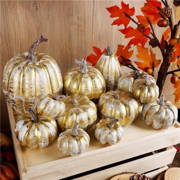 12 Pcs | Thanksgiving Pumpkin Decorations | Artificial Foam Golden Pumpkins - Picture 2 of 8